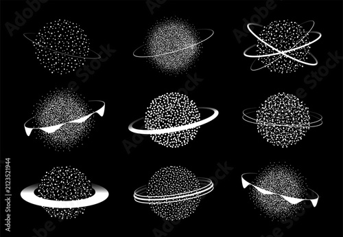 Abstract dotted globe planet set. Halftone textured spheres with  ring around. Space vector illustration of stars and exoplanet.