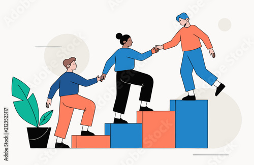 Flat-style vector illustration of three people helping each other climb a set of orange and blue blocks, each holding the next person's hand to pull them up a step.