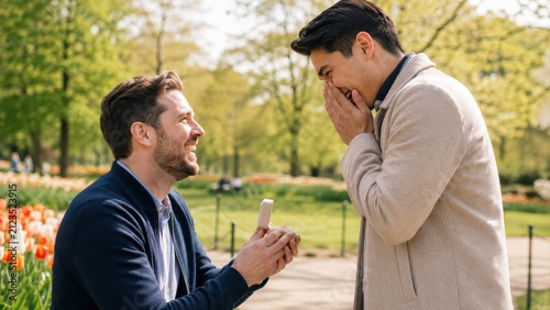 Lgbtq proposal in park, joyful male couple, emotional outdoor moment, engagement surprise, spring garden scene