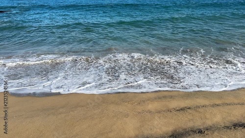 Ocean waves with white foam gently washing over golden sand on a sunny tropical beach