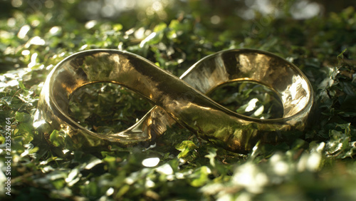 Golden infinity symbol resting among lush green foliage symbolic representation of endlessness