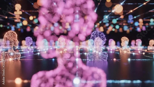 Abstract digital people network visualizing global communication, social media, AI connectivity, virtual community, big data, and futuristic technology with colorful glowing holograms.