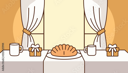 Festive table setting with croissant, coffee mugs, and gift boxes  