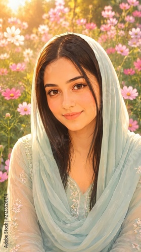 Portrait of a young woman wearing a light blue hijab standing outdoors amidst blooming flowers in soft golden sunlight with portrait sunlight feminine cultural elegance traditional portraiture