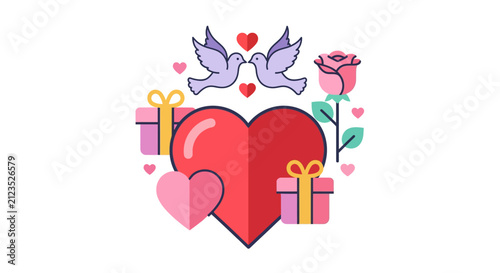 Heart with love symbols and gifts.
