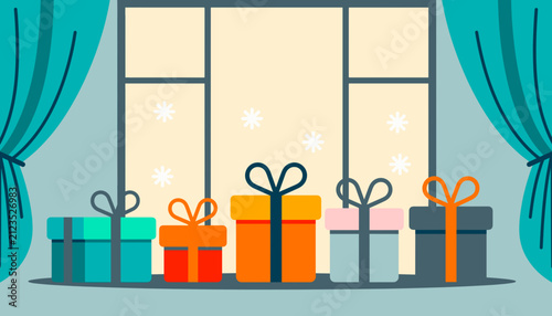 Colorful wrapped presents on window sill with curtains indoors  