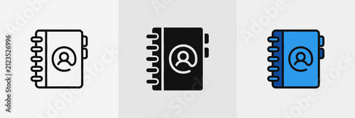 Address book icon outline and filled and colored featuring person profile symbol representing contact list directory or user management for personal organization and business networking.