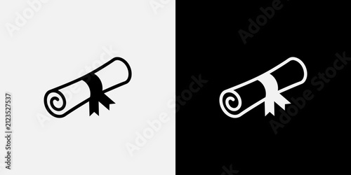 Graduation diploma scroll outline and filled icon vector illustration of academic certificate tied with ribbon for school university award and education concepts.