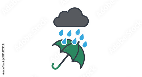Green umbrella with rain drops.