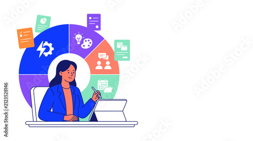 Businesswoman managing professional multitasking workflow with digital tablet illustration.