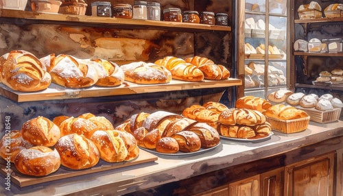 Freshly baked cinnamon rolls in bakery display case.