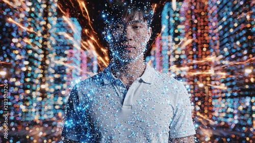 Futuristic digital human in a glowing smart city with AI particles and energy effects, visualizing metaverse, cyber technology, digital identity, and next-generation innovation.