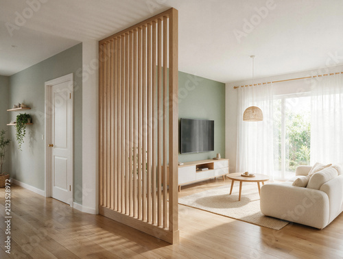 Diseño de interiores moderno con una estructura divisoria de roble natural, salón de estar muy luminoso con muebles minimalistas, TV de pantalla plana. Separador de ambiente recortable en madera. Sala