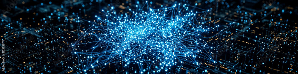 Fototapeta premium Abstract digital data network background. Glowing blue particles representing connectivity.