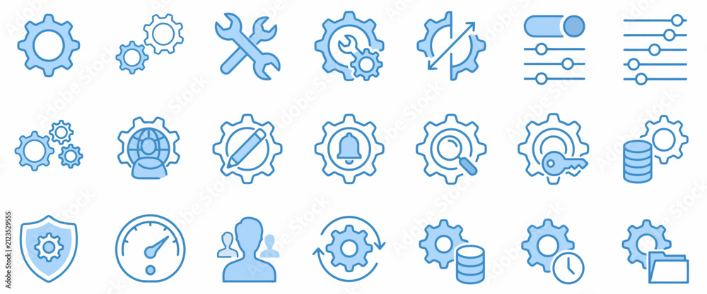 Fototapeta premium Gear and settings options blue line icon set vector illustration