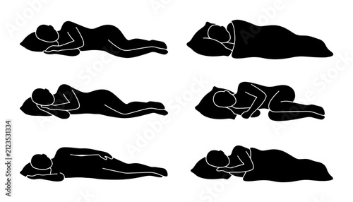Six Silhouette Poses of Sleeping Figures, Vector Icons for Rest and Sleep Positions, Human Body Postures on Pillows