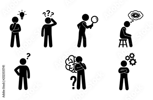 Stick Figure Icons: Thinking, Questioning, Problem Solving, Brainstorming, Decision Making, Confusion, Ideas, Magnifying Glass, Gears, Thought Bubbles