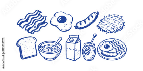Breakfast foods and morning meal doodle element collection set, Vector Illustration
