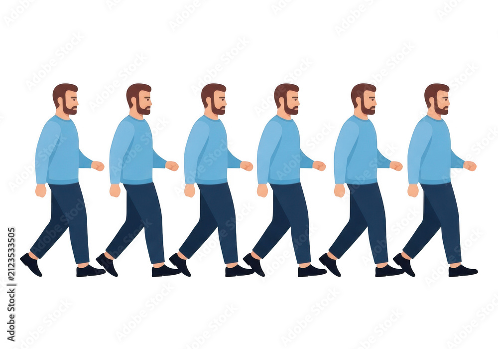 Obraz premium Sequence of a man walking in a casual blue sweater and dark pants isolated on transparent background