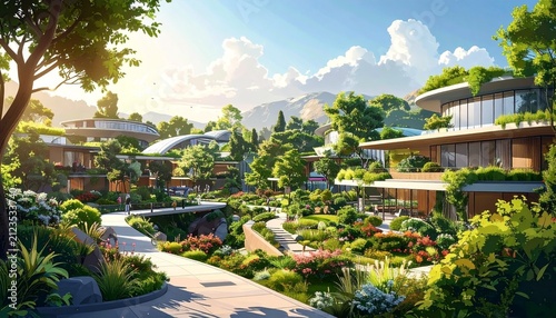 Modern Eco Friendly Residential Community with Green Landscaping.
