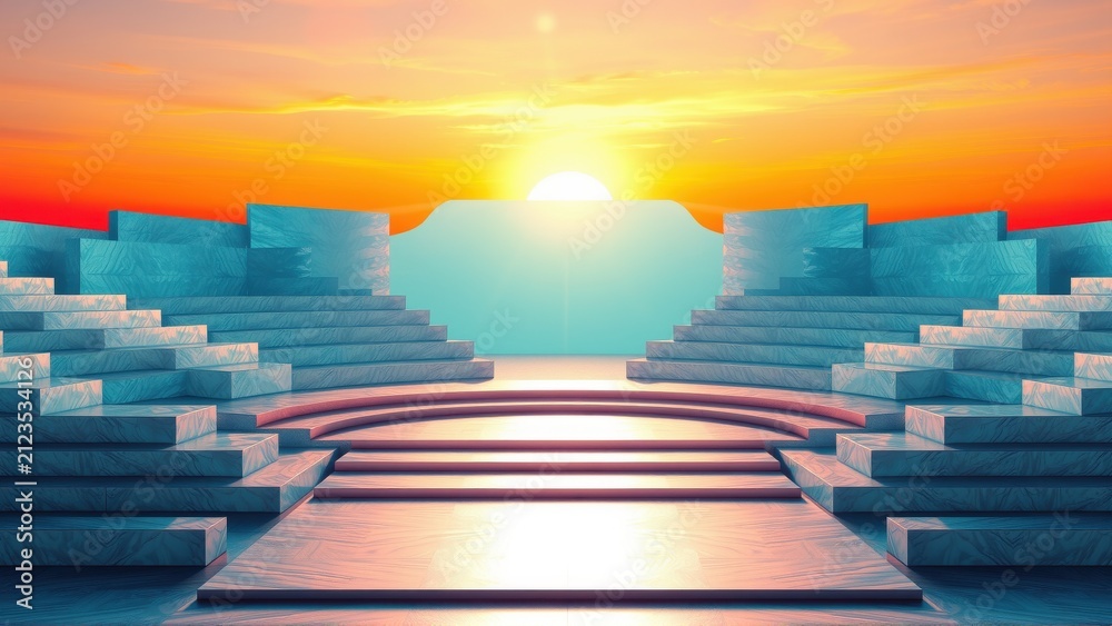 Fototapeta premium Geometric structures frame vibrant sunset. Light radiates from horizon, creating surreal, dreamlike scene. Steps lead toward glowing center.