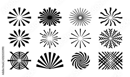 Diverse Starburst Vector Icons, Radial Burst Graphics, Sunburst Shapes, Abstract Geometric Patterns, Black and White Design Elements for Commercial Use