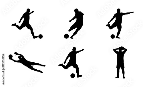 Soccer Player Silhouettes Collection, Dynamic Action Poses Vector Set, Goalkeeper Dive, Kicking Ball Graphic Elements