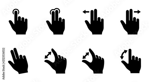 Set of 8 Black Hand Gestures for Touchscreen Interaction, Digital UI Elements, Mobile App Navigation Icons