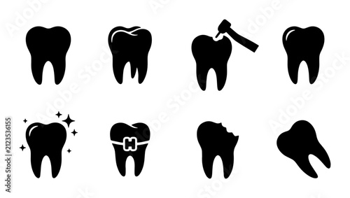 Dental Health Icons Set: Healthy Tooth, Braces, Cavity, Drill, Clean Sparkle, Broken Tooth, Vector Graphics for Dentistry and Oral Care