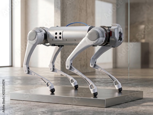 Robot dog on pedestal in modern glass building 3D render technology product showcase