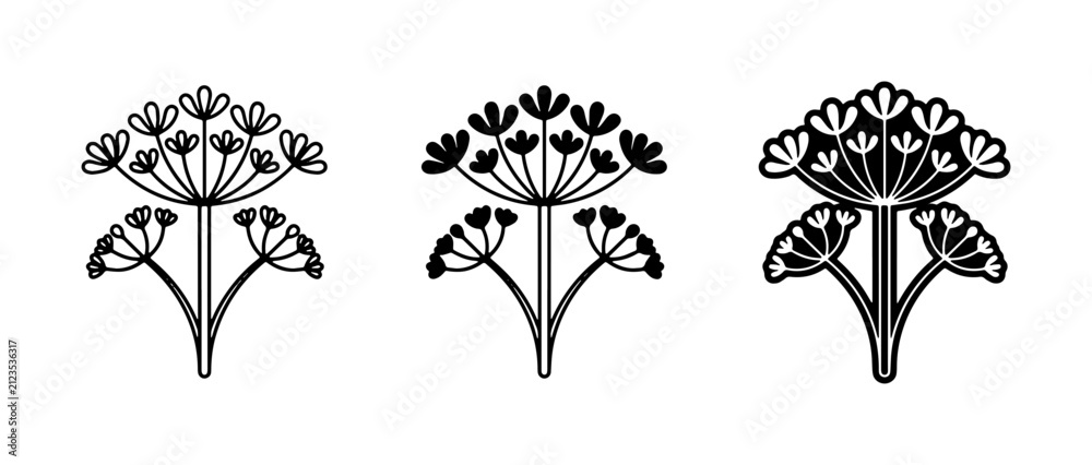 Fototapeta premium Floral Vector Icons, Delicate Umbel Flower Illustrations, Botanical Art Elements, Stylized Plant Graphics, Black and White Decorative Motifs