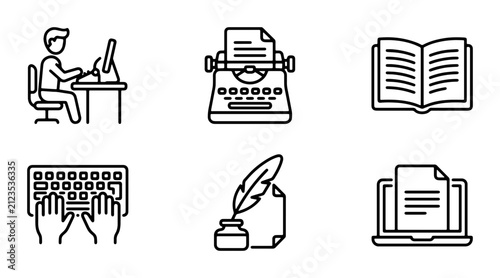 Writing and Typing Icons: Person at Computer, Typewriter, Open Book, Keyboard, Quill Pen, Laptop Document - Vector Set