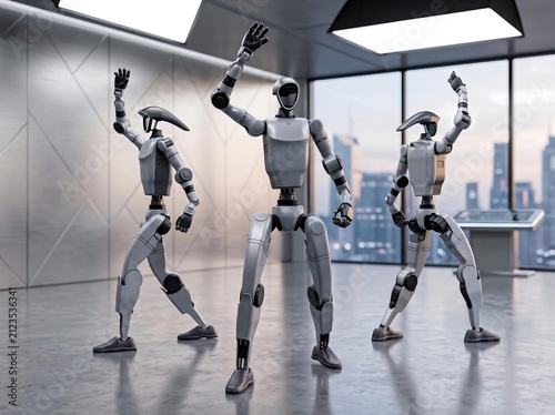 Three humanoid robots dancing in modern white studio 3D render robotics performance
