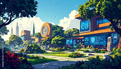 Futuristic City Park with Modern Buildings and Greenery.