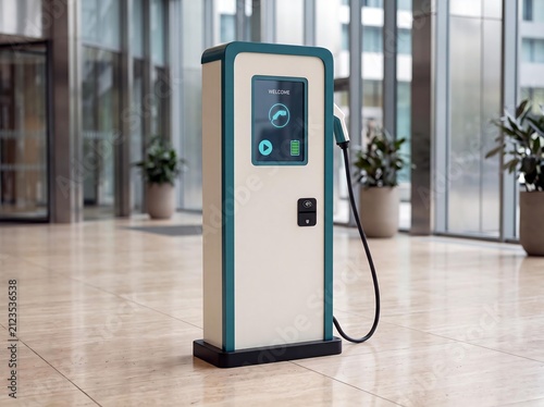 Modern EV charging station in bright lobby interior 3D render sustainable infrastructure