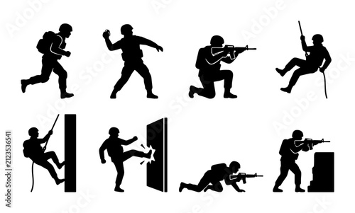Military Action Silhouettes: Soldier Combat Poses, Tactical Operations, Infantry Movement, Special Forces, Vector Set