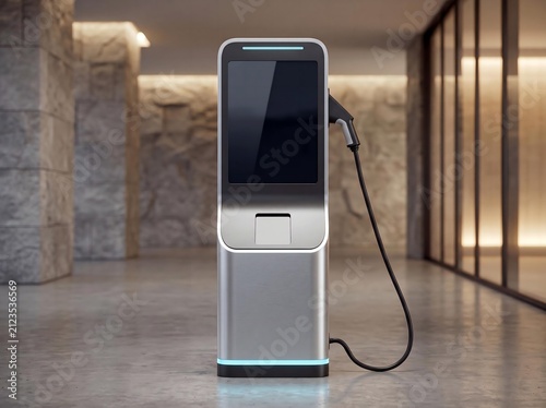 Tall EV charging kiosk in modern parking garage 3D render electric vehicle station