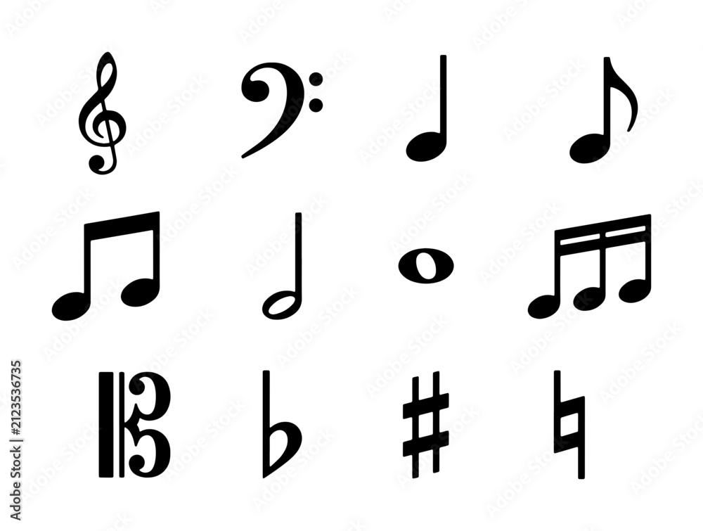 Fototapeta premium Musical Notes and Symbols Collection, Treble Clef, Bass Clef, Sharps, Flats, Vector Icons for Music Education and Performance