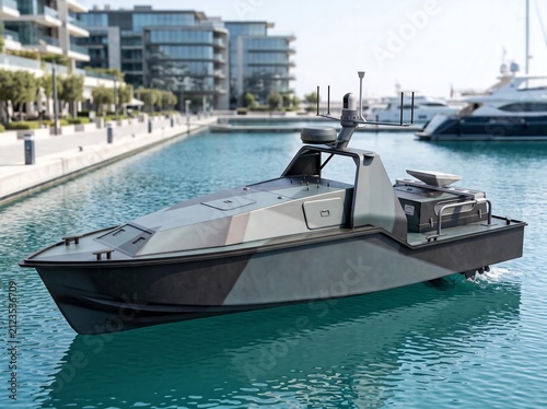 Sleek autonomous patrol boat in city marina 3D render modern maritime vessel