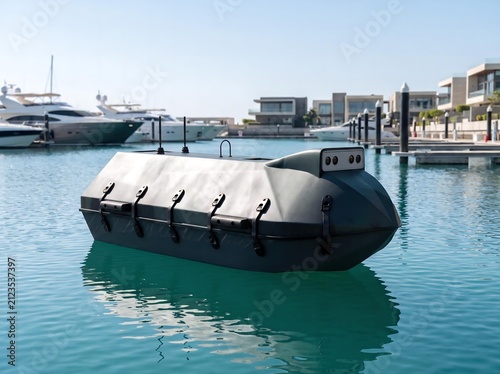 Covered autonomous boat docked in turquoise marina 3D render modern maritime craft