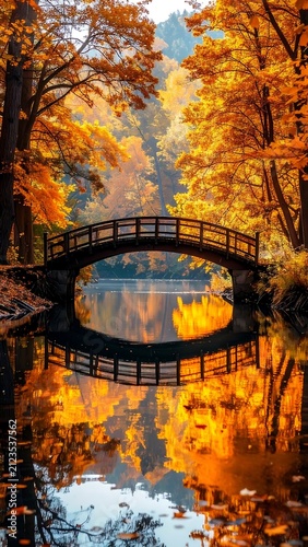 A serene autumnal scene featuring a small bridge over a calm lake surrounded by vibrant orange and yellow foliage