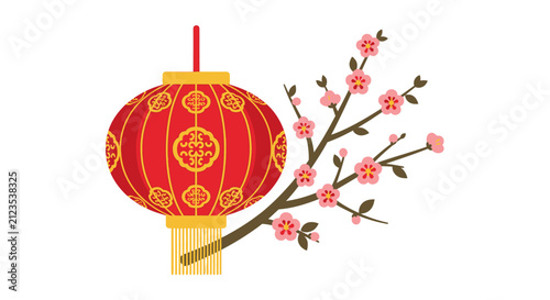 Red Chinese Lantern with Pink Flowers.