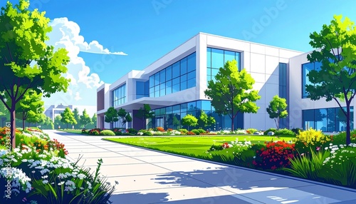 Modern Office Building with Landscaped Gardens and Clear Sky.