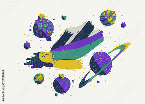Foto Person floating among planets in space, imagination and exploration concept, dreamer in universe, freedom, creativity, cosmic journey illustration