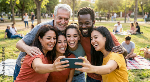 Cheerful multiethnic people of different ages taking group photo with mobile phone. Community, diversity and travel concept outdoors