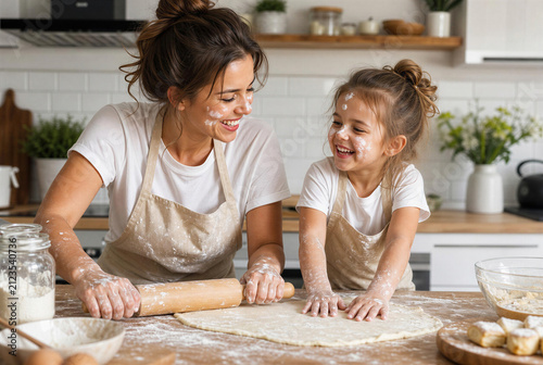 Happy Mother and Little Daughter Baking Dough Together in Kitchen