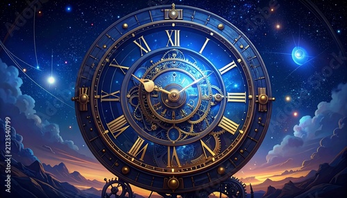 Ornate Celestial Clock Against Cosmic Sky Background.