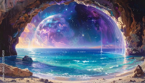 Mystical Ocean Cave with Cosmic Portal and Glowing Water.