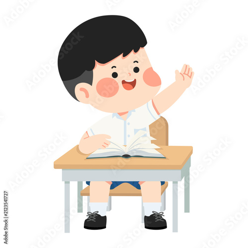 Cartoon Schoolboy Raising Hand in Classroom