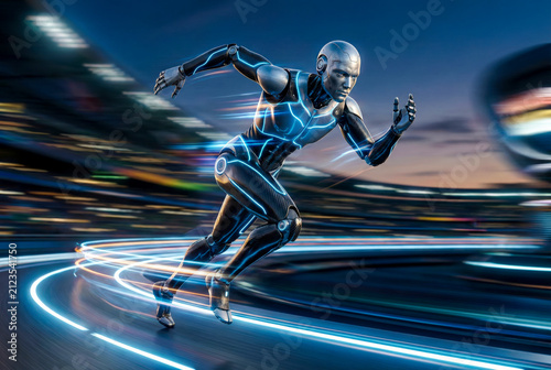 Dynamic 3D illustration of a sleek high-tech humanoid robot running at incredible speed on a track at night, featuring glowing blue energy lines and motion blur light trails